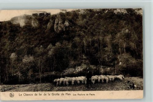 Tropfsteinhöhle, Le Chemin de fer de la Grotte de Han - Les Rochers de Faule , Schafhirte mit seinem Hund und Herde, Eisenbahn oben auf dem Berg