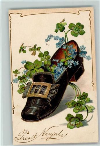 Neujahr - großer Schuh mit Vergissmeinnicht und Kleeblättern gefüllt ca 1906 AK