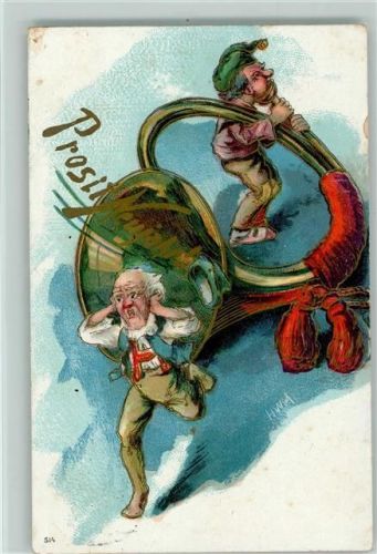 Neujahr - Das Posthorn wird geblasen 1909 AK Zwerg Prägedruck