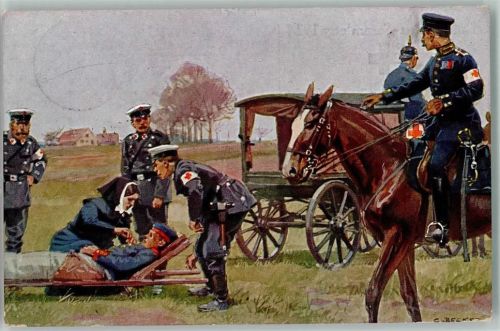 sign C. Becker - Krankenwagen im Felde - Sammlung 1914 zu Gunsten freiwilligen Krankenpflege im Kriege Rotes Kreuz Künstlerkarte