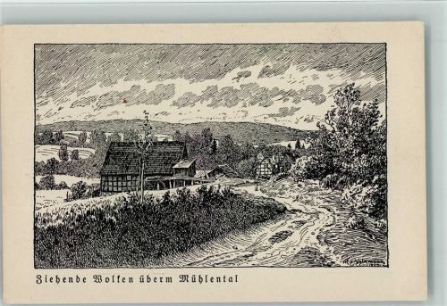 Ziehende Wolken überm Mühlental sign Volkmann -Federzeichnung - Wassermühle