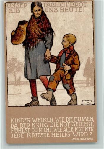 1919 sign Moos - Kriegsunterstützung der Stadt Zürich - Mutter und Kind mit einem Laib Brot
