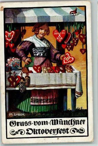 sign M. Luber - Lebkuchen Herzen Stand 1913 AK Oktoberfest Künstlerkarte