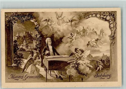 Mozart Gemeinde Salzburg - Mozart am Klavier- Engel und Amor in den Wolken auf dem Klavier