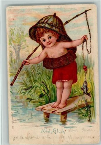 Viel Glück - Am Steg, ein kleines Kind mit einem Muschel-Helm und Korkweste beim Angeln, litho 1902 AK