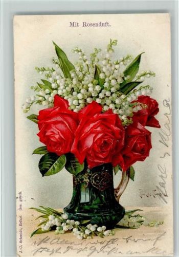 Rosenduft - schöne Blumenvase mit Maiglöckchen und Rosen AK
