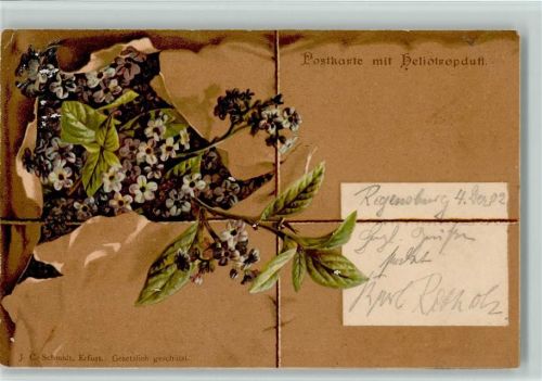 1902 Karte mit Heliotropduft - Paket halb offen, es schaut Vergissmeinnicht heraus, Blumen Verlag J.C. Schmidt