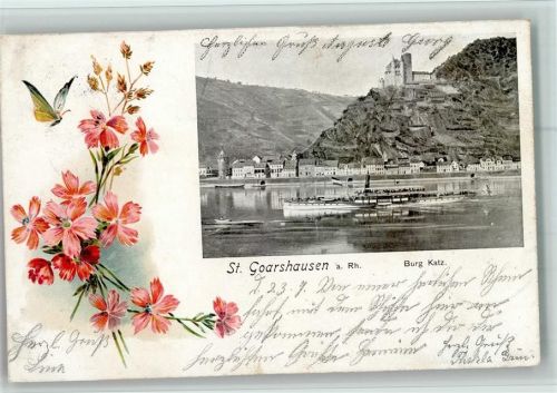 St. Goarshausen 1901 Burg Katz, Rheindampfer, Schmetterling u. Blumen AK