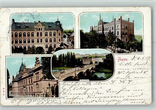 Zeitz 1907 Postamt, Stadtschulen , Auebrücke AK Stempelflecken, Eckknick