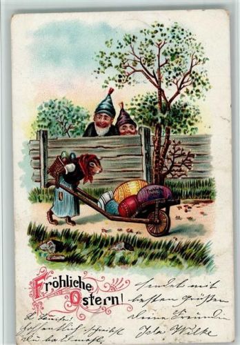 Zwerge und vermenschlichter Hase mit einer Schubkarre AK 2 Eckknicke Osterei 1903