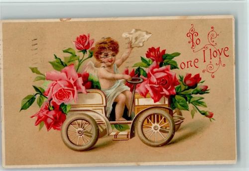 1908 Amor im Blütenauto aus Rosen - To one I love