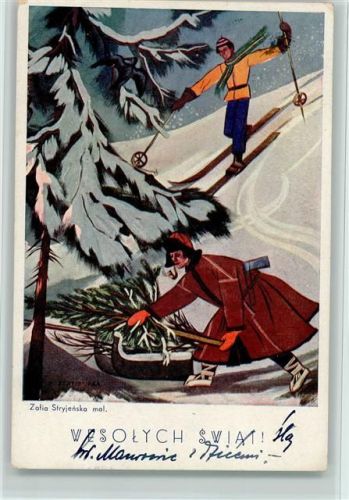 Skifahrer, mit dem Schlitten Tannenbaum aus dem Wald holen