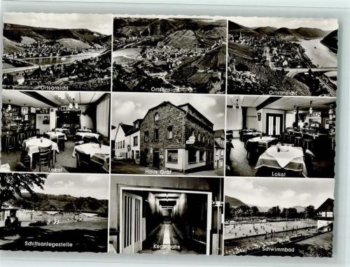 Treis-Karden 1965 Gasthaus Gräf mit Innenansichten, Kegelbahn, Schwimmbad, sehr gute Erhaltung AK