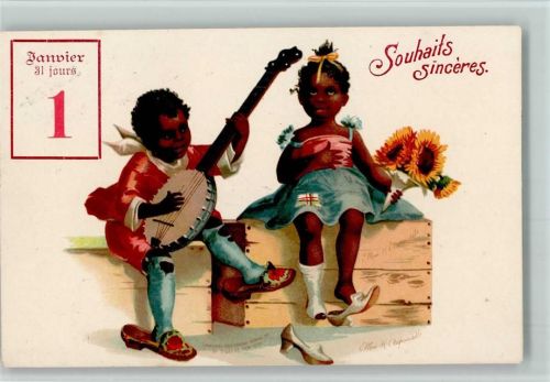 1907 Souhaits sinceres - Künstlerkarte sign Ellen - Kinder mit einer Laute, Datum 1. Janvier