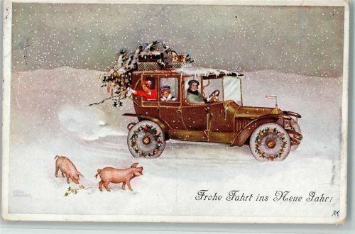 1914 Neujahr - Frohe Fahrt ins neue Jahr, Schweine,AK