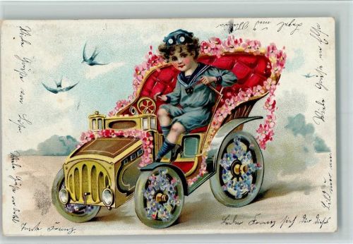 1910 Automobil mit Blüten AK