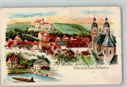 91327 W8556 Gößweinstein Lithographie Ortsansicht Kirche Stempfer Mühle Fischerboot 2-Bildaufnahme