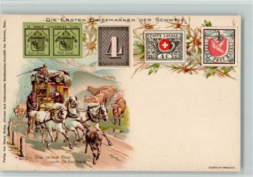 1899 Die letzte Post vom Gotthard, Postkutsche AK