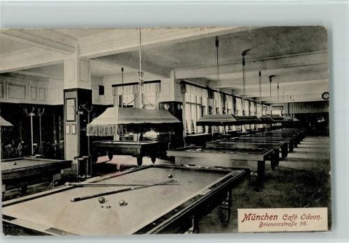 W8000 München Großer Saal mit Billard Tischen - Cafe Odeon, Briennerstr. Billard 1909 Gebrauchsspuren