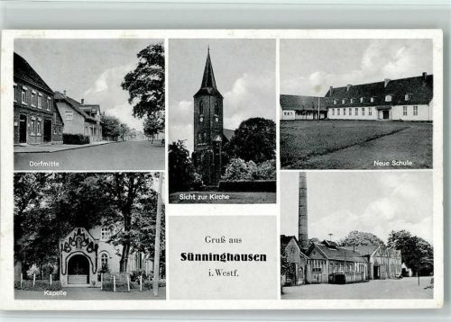 59302 W4740 Sünninghausen - Dorfmitte Kapelle Sicht zur Kirche Neue Schule Ortsansicht Mehrfachaufnahme