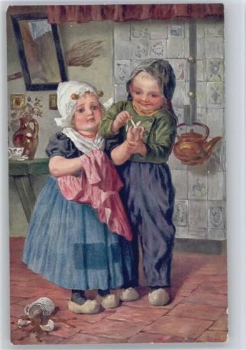 T.S.N. Serie 1017 - Holland Trachten Kinder mit Holzschuhen , Finger verbinden, Kacheln, Bauernstube