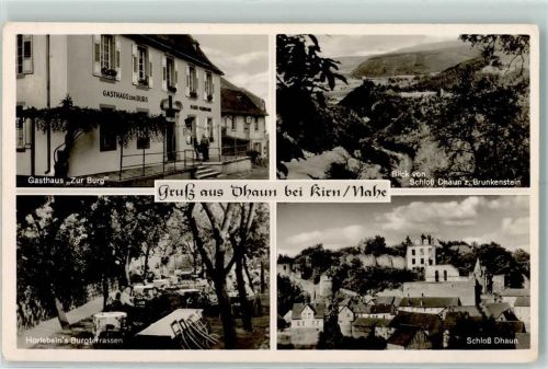 55606 W6570 Dhaun - Gasthaus Zur Burg Blick von Schloss Dhaun z. Brunkenstein Horlebeins Burgterrassen