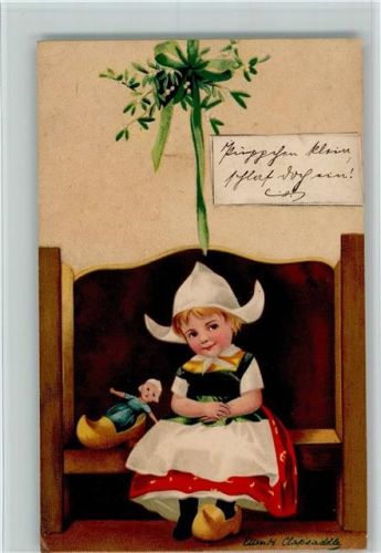 1908 sign Ellen H. Clappsaddle - Kind mit Holzschuhe, Puppe liegt im Holzschuh AK