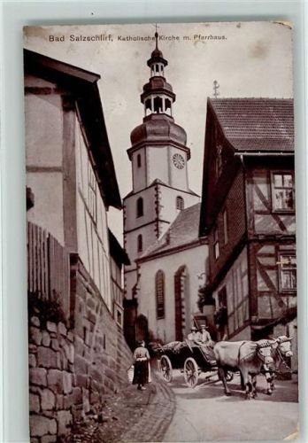 Bad Salzschlirf 1925 Kirche, Pfarrhaus, Ochsengespann, AK