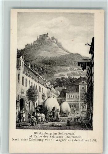 07422 O6823 Bad Blankenburg Künstlerkarte Ortsansicht und Ruine des Schlosses Greifenstein sign. O. W. Wagner