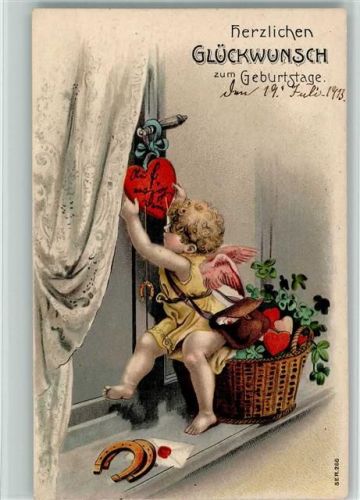1908 Amor hängt ein Herz an die Tür, Glücksklee - Geburtstag