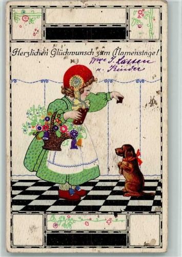 1914 Namenstag - Mädchen mit einem Dackel , Lebkuchen für den Hund AK