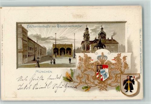 München Feldherrenhalle mit Theatinerkirche Münchner Kindl Lithographie/Prägedruck