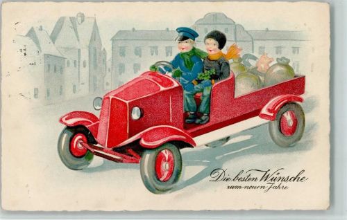 1938 Neujahr - Kinder im Auto, Geldsäcke, kleine Stempelspur