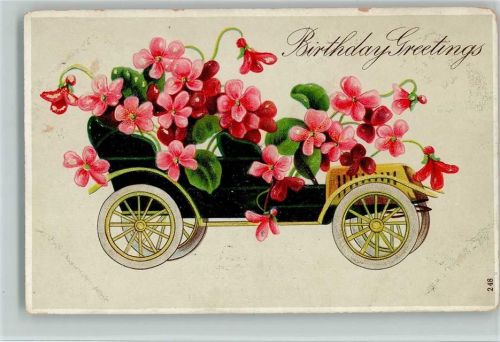 1908 Auto mit Blüten - Birthday Greeting