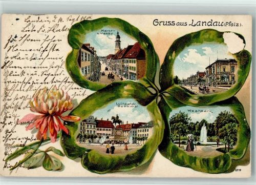 Landau 1901 Marktstraße Luitpold-Denkmal Westpark Vierblättriges Kleeblatt Lithographie/Prägedruck