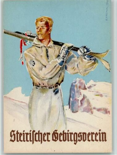 Steir. Gebirgsverein - Skifahrer trägt die Ski , sign Trenk 1946 AK