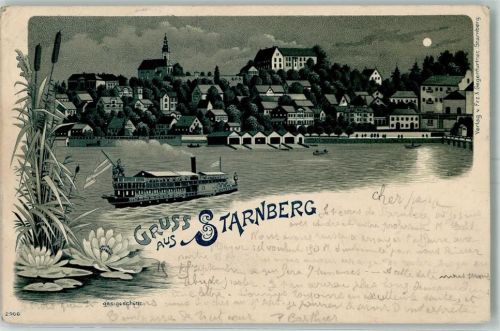 82319 W8130 Starnberg 1899 Gebrauchsspuren Dampfer Seerose Schilf Lithographie/Mondschein