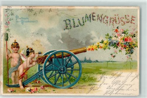 Amor Engel Kanone Blumenduft Verlag J.C. Schmidt AK Duftkarte 1902 Lithographie