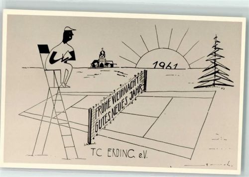 Erding Tennisplatz Schiedsrichter TC Erding e.V. Neujahreskarte 1961 Zeichnung