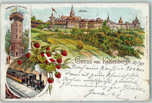 Wien 1895 Aussichtsturm Hotel Bergbahn Kahlenberg Lithographie Vorläufer