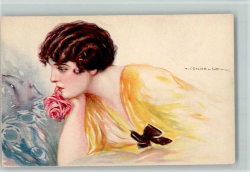 1921 Frauenschönheit mit einer Rose im Mund AK