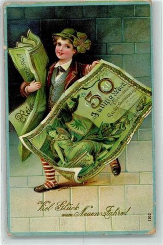 1909 Neujahr Kind mit Fünfzig Mark Geldscheine AK