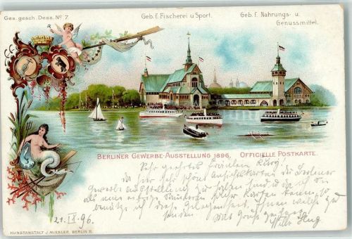 Treptow 1896 Gewerbe-Ausstellung 1896 Gebäude f. Fischerei u. Sport und Gebäude f. Nahrungsmittel u. Genussmittel Engel Nixe