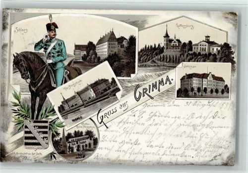 Grimma 1897 Gruss aus - Husare mit Pferd, Wappen AK
