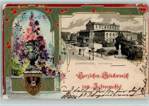 Hannover 1902 Lithographie Prägedruck Passepartout Hoftheater Blumen in Vase Neujahr