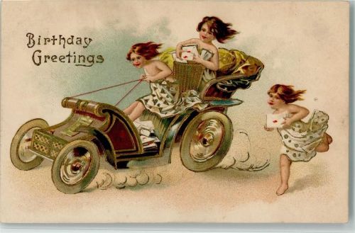 1907 Serie 547 - Birthday - Kinder mit Briefen im Automobil, gute Erhaltung AK