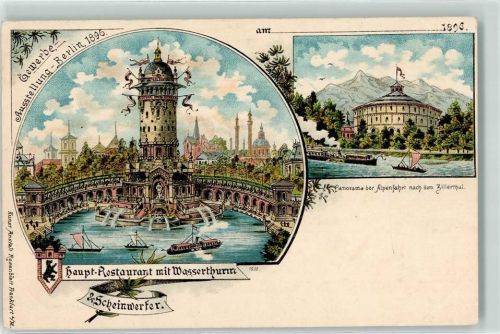 Treptow 1896 Gewerbe-Ausstellung 1896 Haupt-Restaurant Wasserturm Scheinwerfer Alpenfahrt nach Zillertal