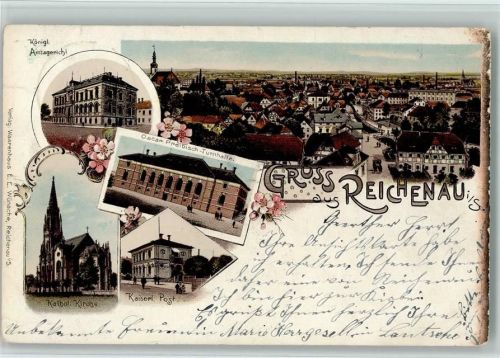 Reichenau i. Sachsen Königl. Amtsgericht Gesamtansicht Oscar Preibisch-Turnhalle Kath. Kirche Kaiserl. Post Lithographie