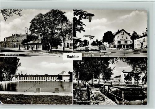 Buchloe 1967 Bahnhof, Schwimmbad, Stadtmitte mit VW Käfer, gute Erhaltung AK