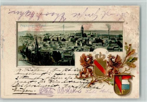 Pforzheim 1903 Lithographie Prägedruck Passepartout Wappen